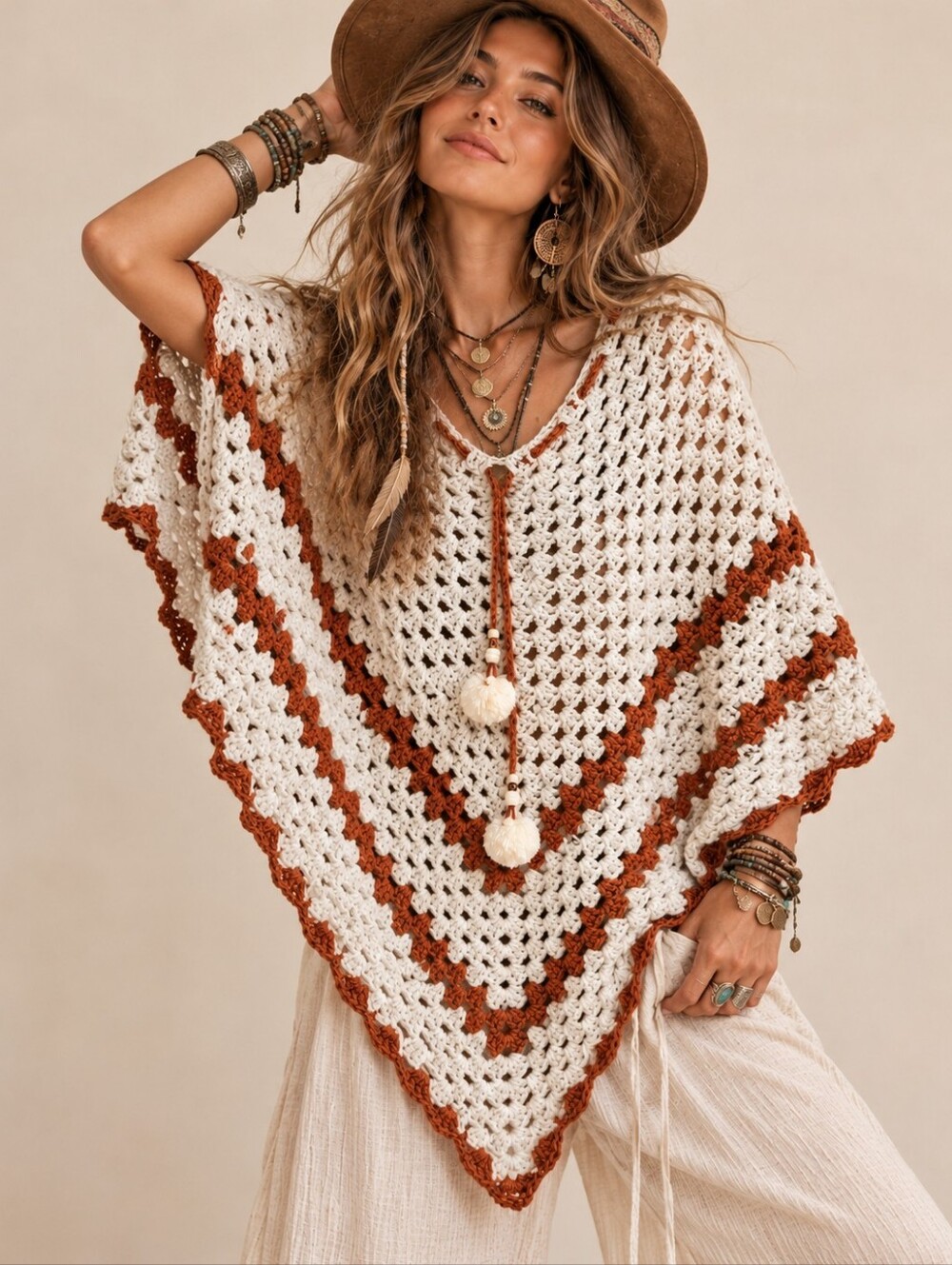 Handmade Chrochet Boho Poncho One Size Knit Pullover Hippie 70s Style